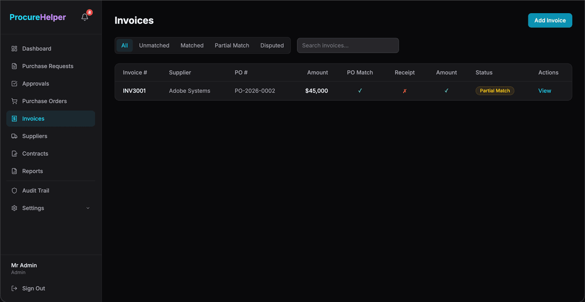 Automatic 3-way matching — catch discrepancies before they become problems